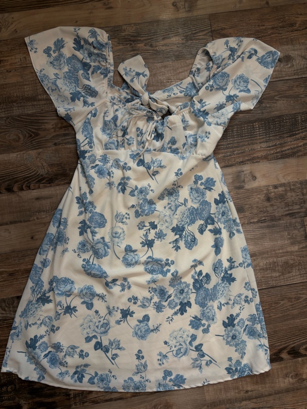 Shyanne Cream Dress with Blue Floral Print and Tie Front